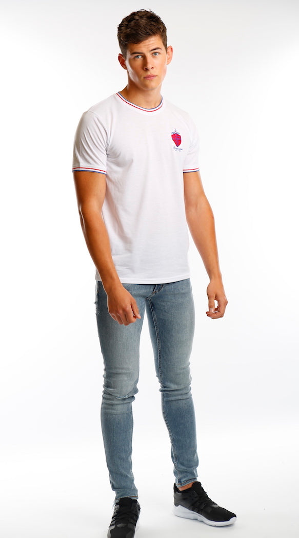 White Tipped Stripe Logo T Shirt - Mr Photogenic