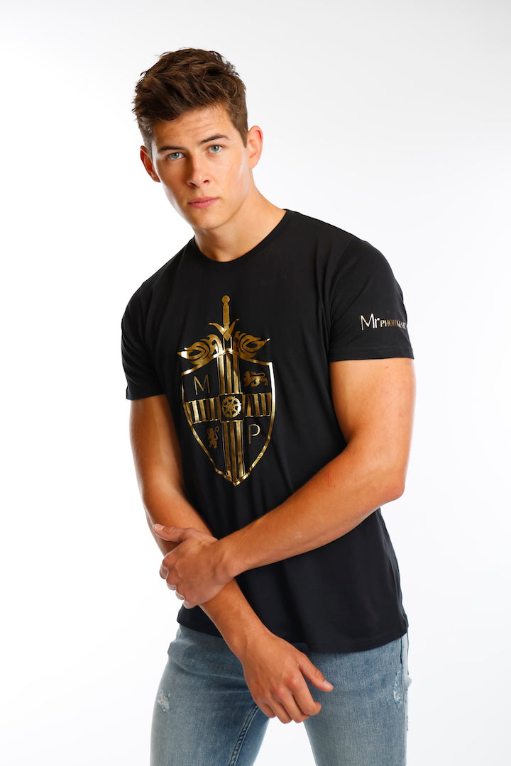 Black Bold Multi Logo Gold Foil Lightweight T Shirt - Mr Photogenic